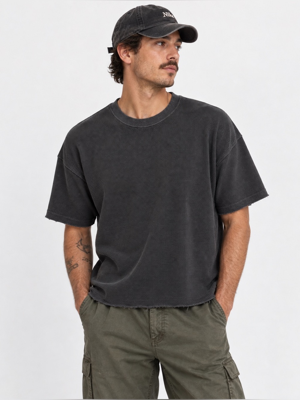 Stussy Unisex Short-Sleeve Waffle Knit Tee Faded Black Pigment Dyed Size Small